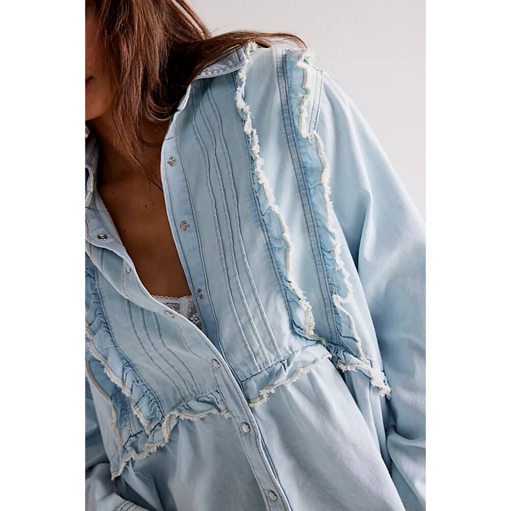 We The Free People Ruffles And Denim Shirt Size M - Picture 2 of 13
